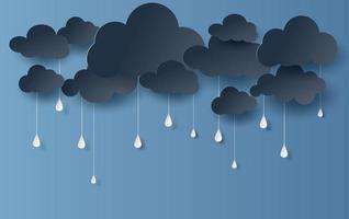 Paper art and craft style clouds and rain banner background vector