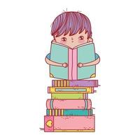 little boy sitting with open book on stacked books vector