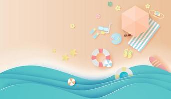 Paper art and craft style beach top view banner background vector