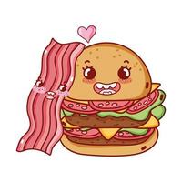 fast food cute double burger and bacon cartoon vector