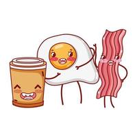 breakfast cute bacon fried egg and plastic coffee cup cartoon vector
