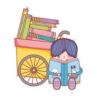 niño sentado leyendo libros piratas y carro de mano con libros vector