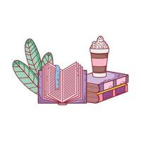 smoothie in stacked books and open book foliage vector