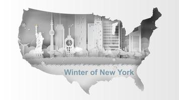 Banner de arte en papel con el horizonte de la ciudad de Nueva York y el mapa de EE. UU. vector