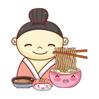 geisha con sopa de fideos sushi y salsa comida dibujos animados japoneses, sushi y rollos vector