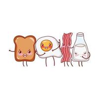 desayuno comida lindo pan huevo tocino leche personaje de dibujos animados vector