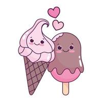 Comida linda helado de chocolate en palo y cono dulce postre pastelería diseño aislado de dibujos animados vector