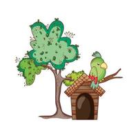 cute animals, parrots in branch tree cartoon isolated icon design vector