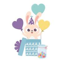 happy day, rabbit with hat coming out gift box with balloons vector