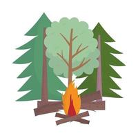 camping hoguera árboles bosque madera dibujos animados diseño aislado vector