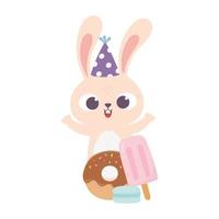 feliz dia, conejo con gorro de fiesta donut y helado en palo vector