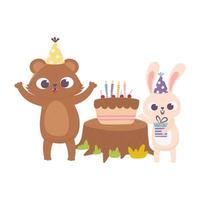 happy day, bear rabbit with party hat cake gift box vector