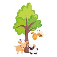 animales de granja, cabra, carnero, y, abejas, en, el, colmena, árbol, caricatura vector