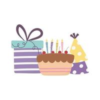 happy day, cake with gift box and party hats decoration vector