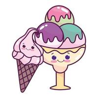 cute food ice cream scoops and cone sweet dessert pastry cartoon isolated design vector