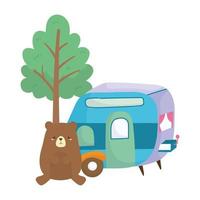 camping cute bear trailer tree cartoon isolated icon design vector