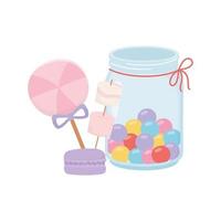 happy day, gumball in jar macaroons and candy in stick cartoon vector