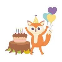 happy day, little fox with hat cake and balloons vector