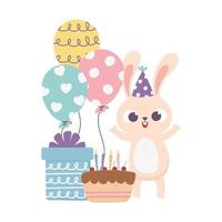 feliz día, conejo con gorro de fiesta y globos de regalo de pastel vector