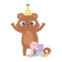 happy day, little bear with hat candies donut biscuits and caramels vector