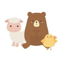 Cute little bear pollo y oveja animal cartoon diseño aislado vector