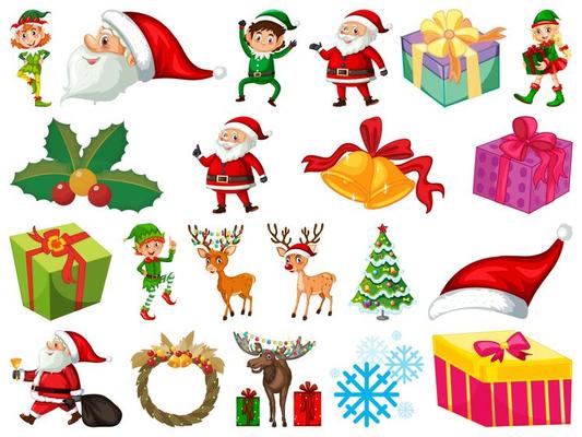 Set of Santa Claus cartoon character and Christmas objects isolated on white background