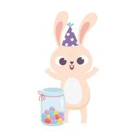 happy day, rabbit with party hat and jar full of candies vector