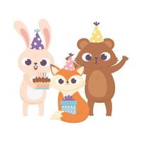 happy day, bear fox rabbit with party hat cake and gift vector