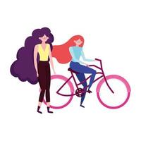 eco friendly transport, group women and bike outdoors cartoon vector