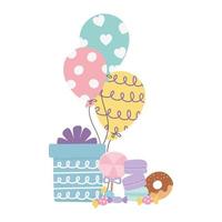 feliz día, regalo, globos, donut, caramelo, galletas, caricatura vector