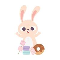 happy day, cute rabbit with macaroons and donut vector