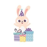 feliz dia, conejo con gorro de fiesta y cajas de regalo sorpresa vector
