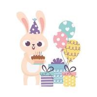 feliz día, conejo con gorro de fiesta, pastel, cajas de regalo y globos vector