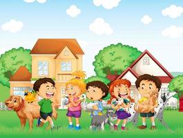 Outdoor scene with group of pet and children vector