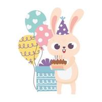 feliz dia, conejo con gorro de fiesta pastel y globos vector