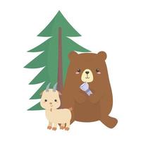 camping lindo oso y cabra con dibujos animados de follaje de linterna vector