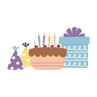 feliz día, pastel, caja de regalo, sombreros de fiesta, celebración, decoración vector