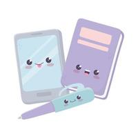 cute smartphone book and pen kawaii cartoon character vector