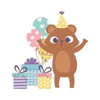 feliz dia, oso con gorro de fiesta cajas de regalo y globos vector