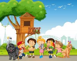 Group of pet with owner in the park scene vector