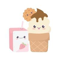 Linda caja de jugo y helado personaje de dibujos animados kawaii vector