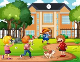 Outdoor scene with many children playing in front of school vector