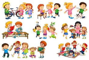 Conjunto de diferentes niños jugando con sus juguetes personaje de dibujos animados aislado sobre fondo blanco. vector