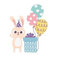 feliz día, sombrero de fiesta de conejo y globos de caja de regalo vector