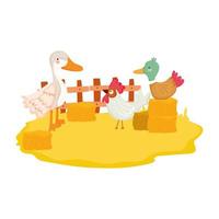 farm animals duck goose and rooster stack of hay vector