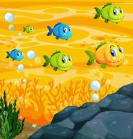 Many exotic fishes cartoon character in the underwater scene with corals vector