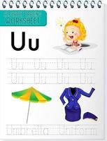 Alphabet tracing worksheet with letter U and u vector