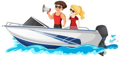 A couple standing on a speed boat isolated on white background vector