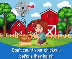 English idiom with picture description for don't count your chickens before they hatch vector