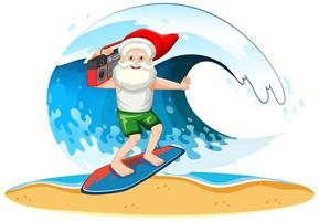 Papá Noel navegando con ola en tema de verano sobre fondo blanco. vector